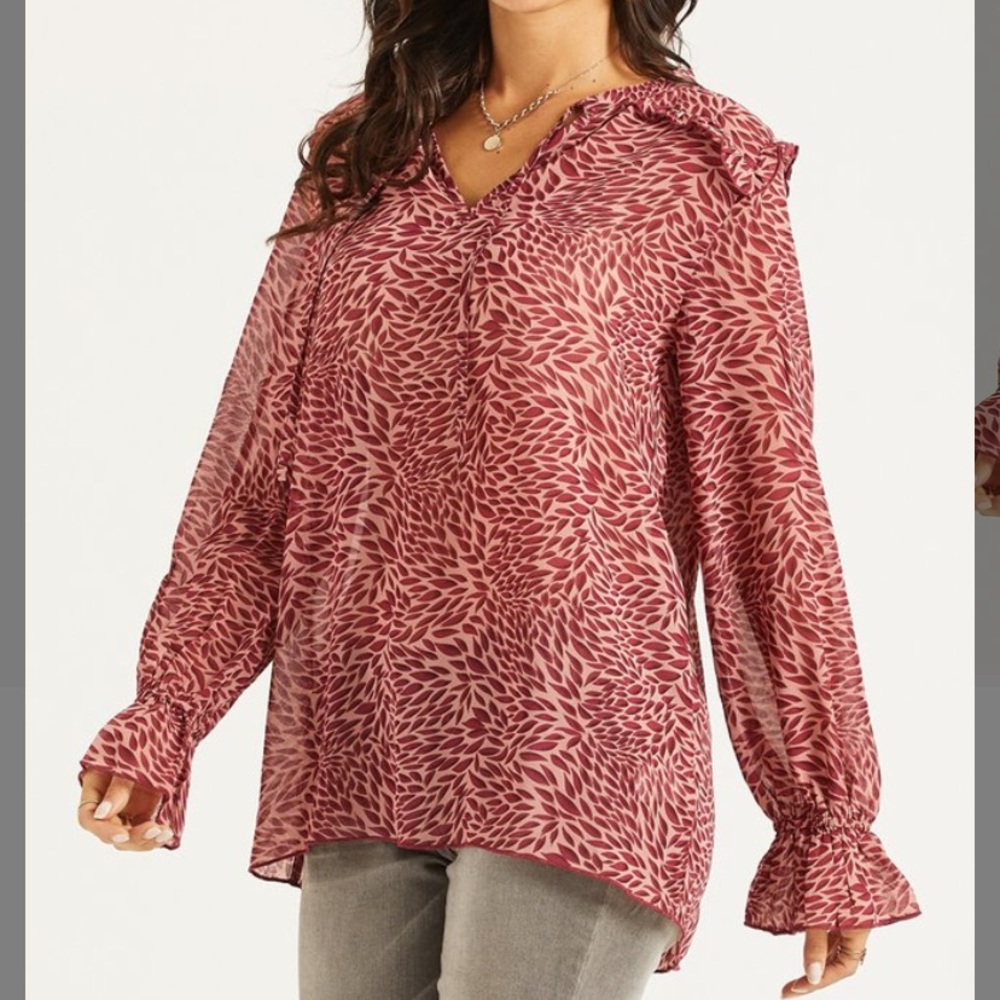 Pink Abstract Ruffle Accent Notch Neck Top, M - Picture 2 of 3